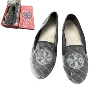 TORY BURCH BILLY QUILTED VELVET LOGO SHEARLING LINED LOAFERS FLATS SIZE 8 *